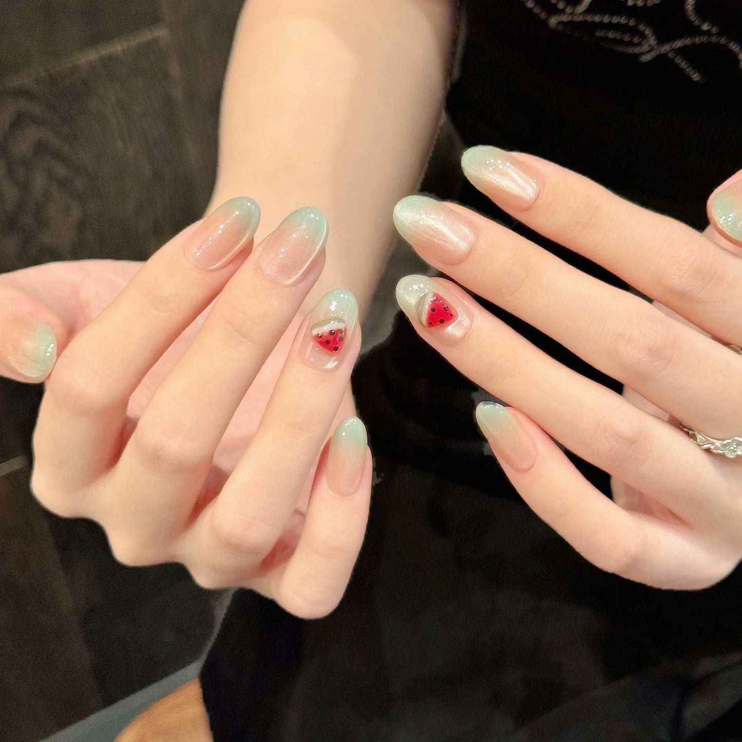 10pcs Handmade Press on Nails Summer Pink Green Cat Eye Fake Nails Women Wearable Reusable Cute Watermelon Design False Nails Peaceful Pleasures Health and Wellness
