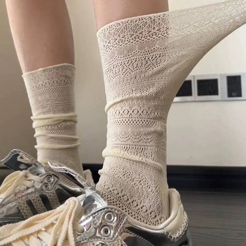 Lolita Sweet White Pile Socks Women Mesh Hollowed Out Thin Nylon Silk Retro Flower Lace Socks Ladies Transparent Crew Socks Peaceful Pleasures Health and Wellness 2pairs One Size