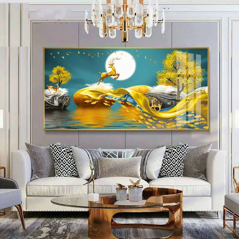 Chinese Feng Shui Golden Rich Tree Canvas Painting Wall Art Deer Landscape Lucky Stone Posters Wall Art for Living Room Decor Peaceful Pleasures Health and Wellness