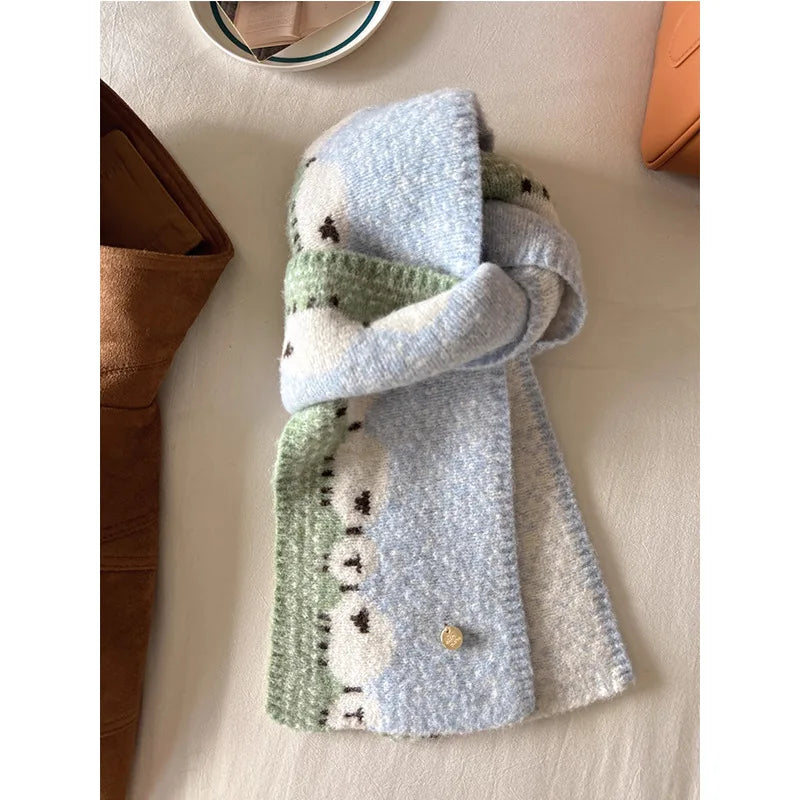 Winter Warm Scarf Women New Korean Cute Sheep Design Fashion Knitted Scarf Couple Thick Coldproof Windproof Scarf Daily Outfit Peaceful Pleasures Health and Wellness LIGHT BLUE