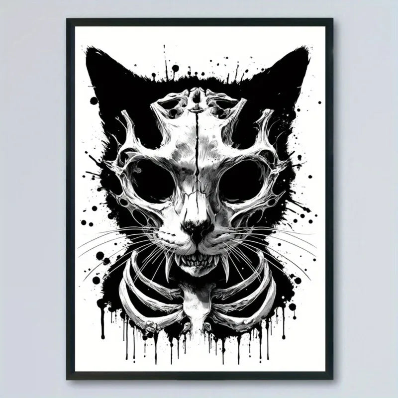 Gothic Cat Skeleton Canvas Poster | Halloween Black White Wall Art Canvas Art Poster Peaceful Pleasures Health and Wellness