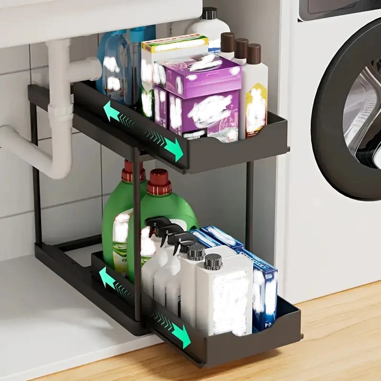 Double-Layer Pull-Out Under-Sink Organizer Rack with 5 Hooks