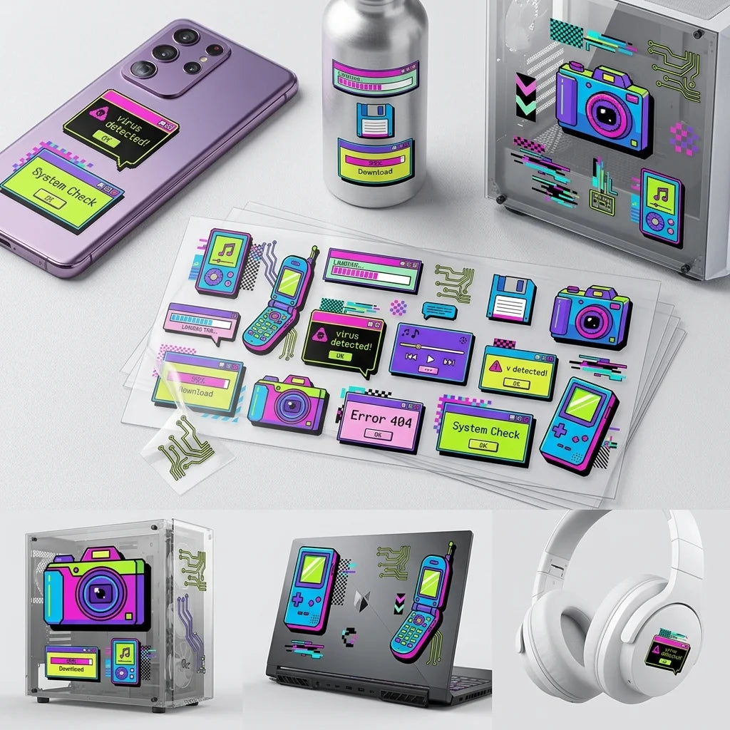 Neon Retro Tech UV Transfer Sticker | Waterproof Decal for Laptop