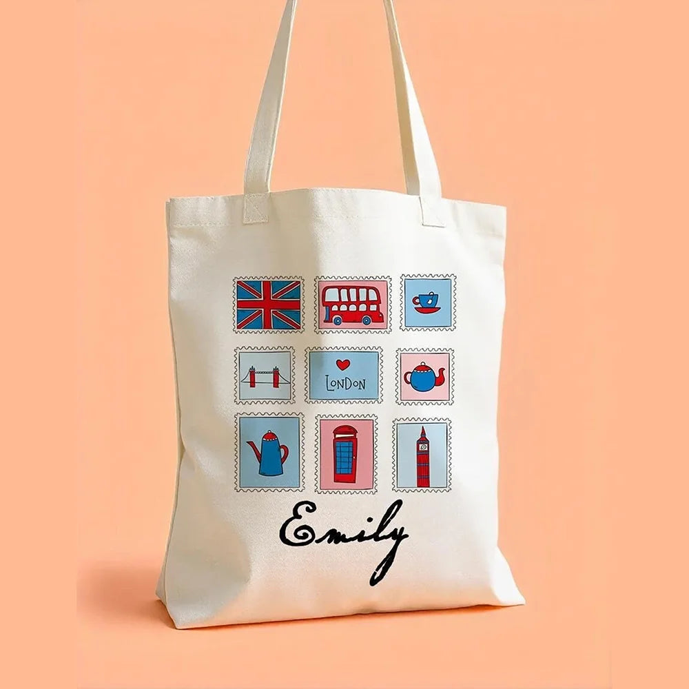 Custom Name London Canvas Tote Bag | Iconic British Design