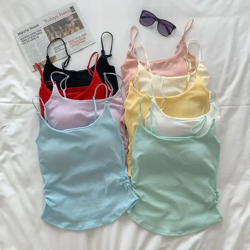 Horetong Women Pleated Camisole with Chest Cushion 2026 Spring Summer Adjustable Sleeveless Tops Sexy Sweet Slim Elastic Camis Peaceful Pleasures Health and Wellness