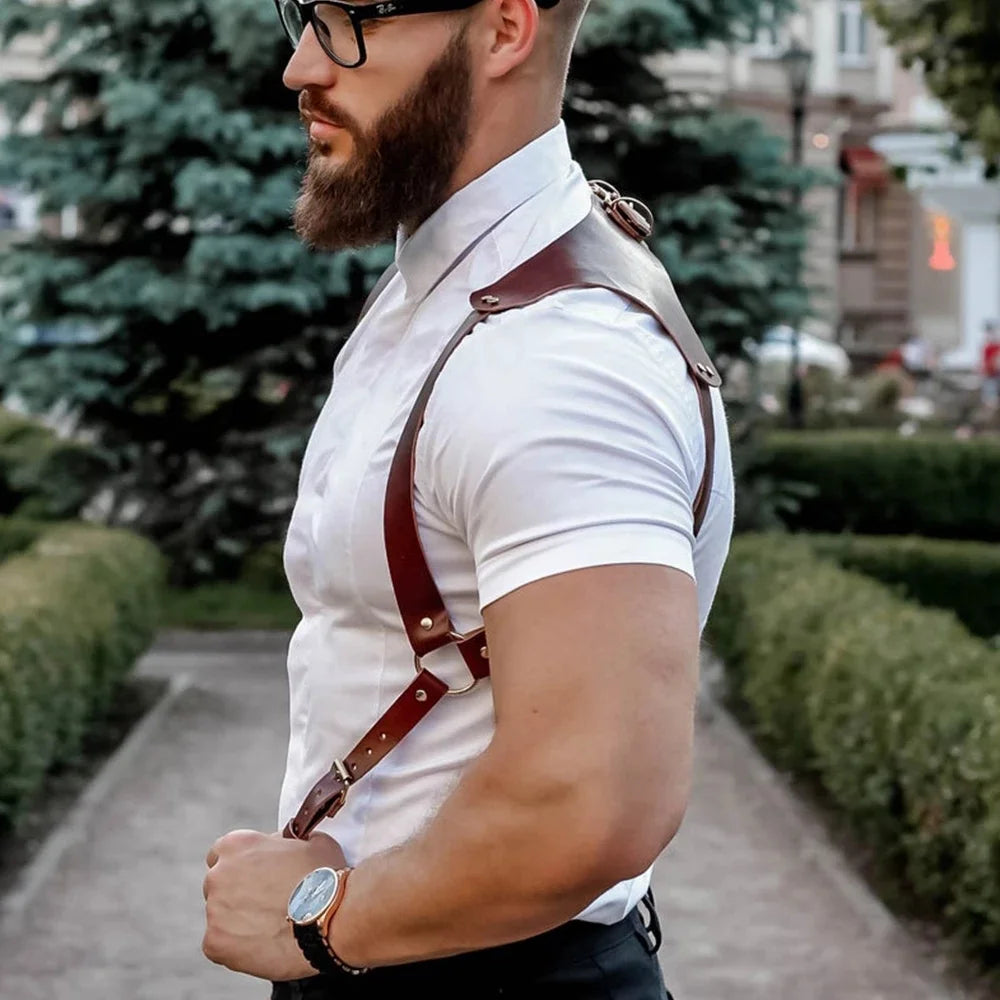 Men's Suspenders Vintage Brown PU Leather Straps Braces Suspender Men