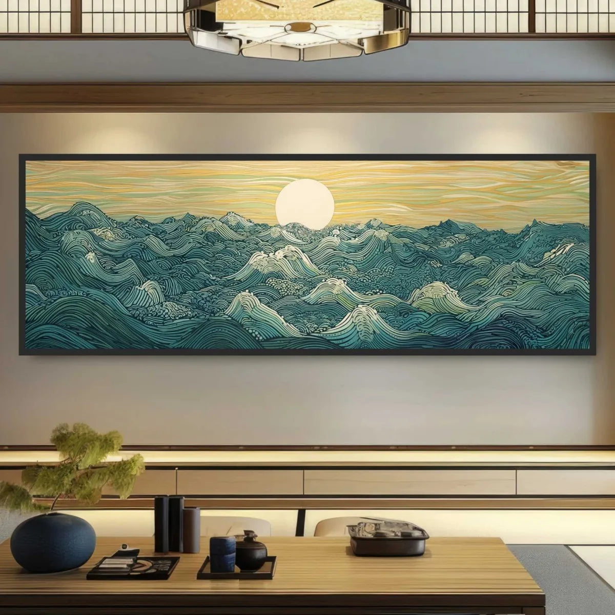 Japanese Ukiyo-e Moon Waves Canvas Print Poster Japandi Vintage Abstract Large Horizontal Art Prints Wall Art Home Decor Poster Peaceful Pleasures Health and Wellness VA1980 50x150cm
