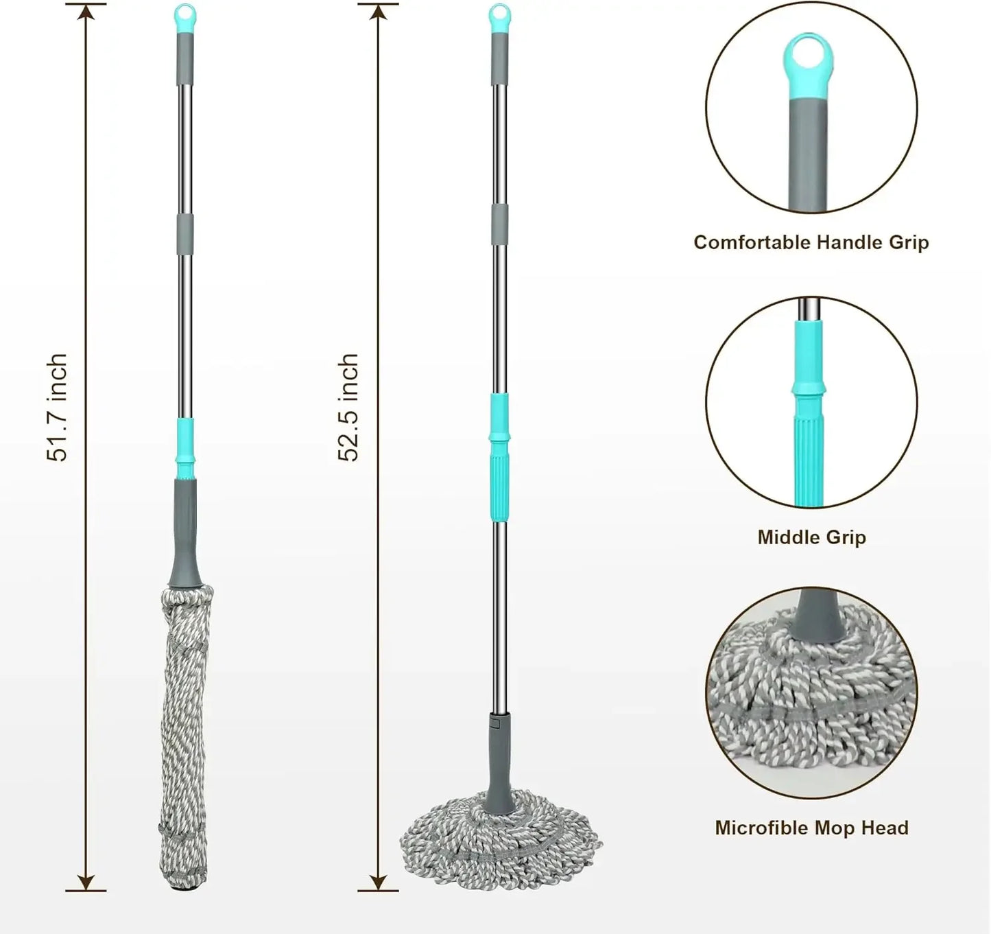 Self-Wringing Twist Mop with 52.5 Inch Handle for Hardwood, Tile & Laminate Floors Peaceful Pleasures Health and Wellness