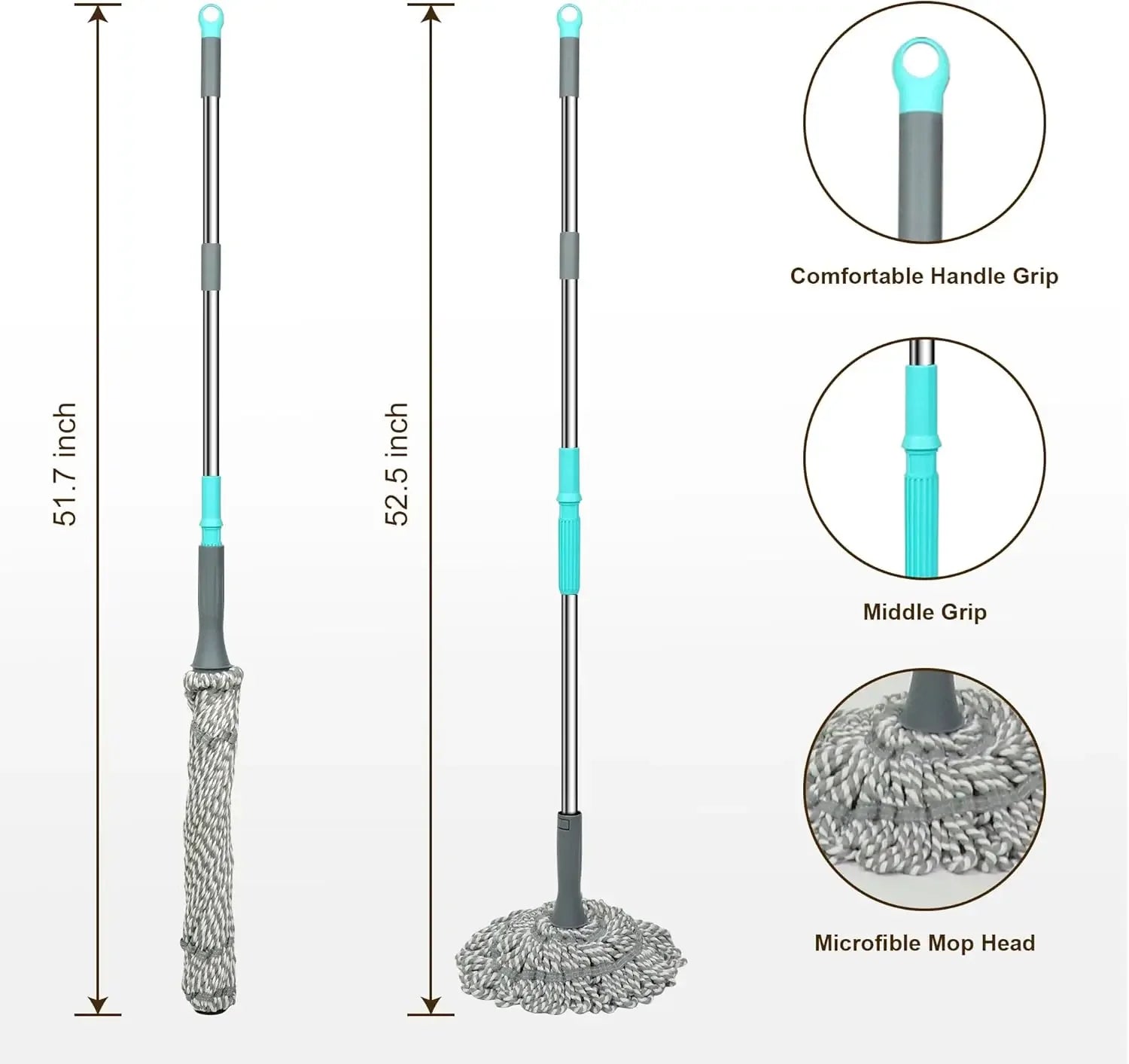 Self-Wringing Twist Mop with 52.5 Inch Handle for Hardwood, Tile & Laminate Floors Peaceful Pleasures Health and Wellness