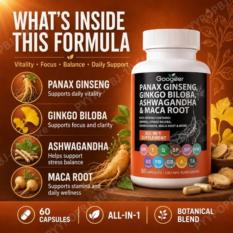 Botanical All-in-1 Blend | Ginseng Ginkgo Ashwagandha Maca 60 Caps