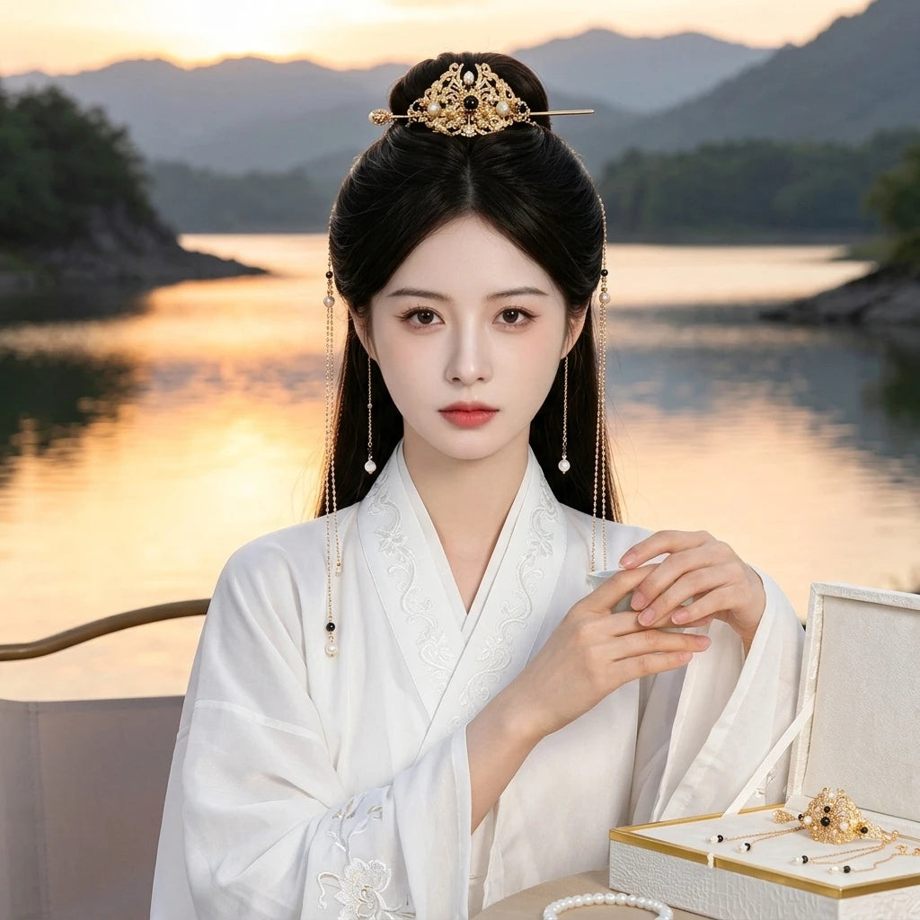 Ancient Style Tassel Step Shake Hair Crown for Hanfu with Double Layer Tassels, Unisex Traditional Chinese Costume Accessory Peaceful Pleasures Health and Wellness