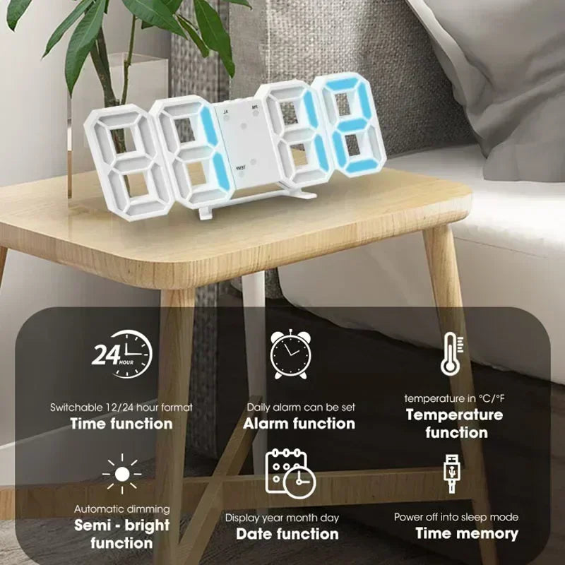 3D LED Digital Wall Clock | Alarm, Date & Temperature Display