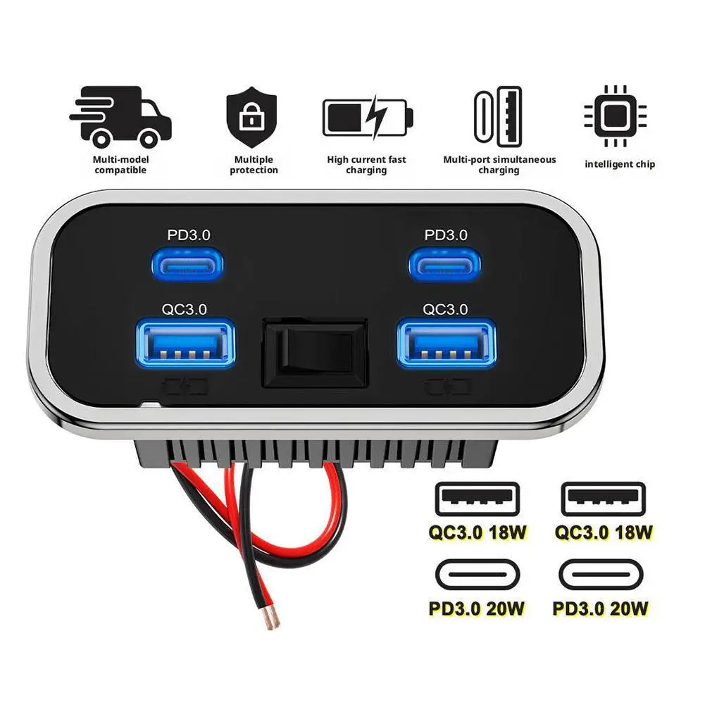 4-Port Car Charger Dual PD3.0 & QC3.0 Fast Charge 12–24V RV