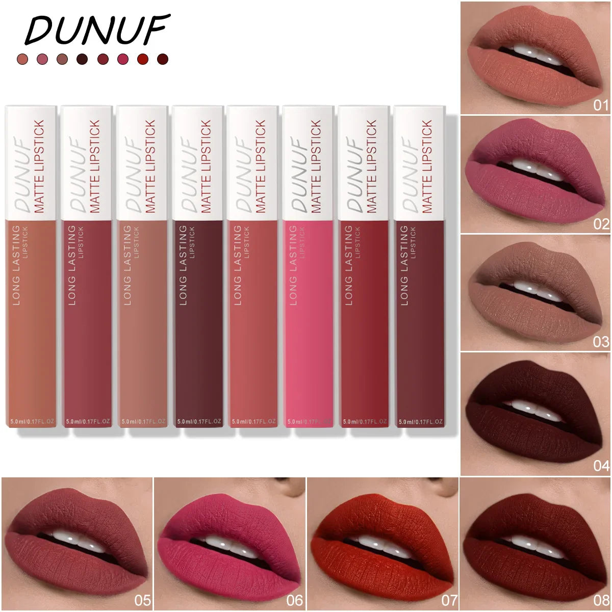 DUNUF 8-Pc Matte Liquid Lipstick Set – Waterproof Lip Gloss