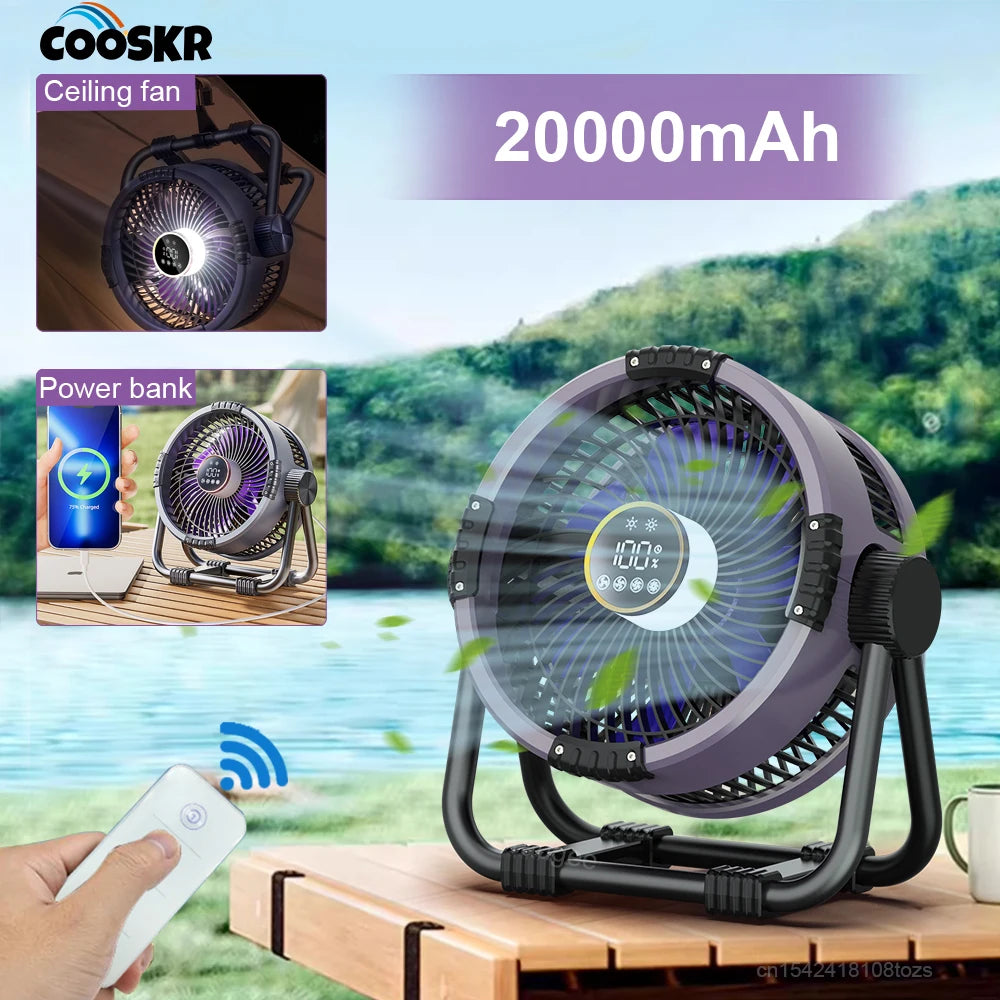 20000mAh Outdoor Camping Fan Wireless Tent Ceiling Fan 4 Speed Adjustment Air Circulation Desk Fan with LED Light Remote Control Peaceful Pleasures Health and Wellness