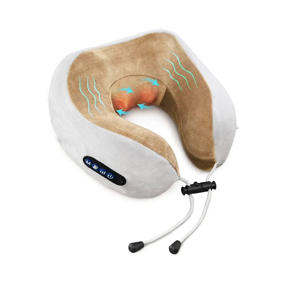 Portable U Shaped Pillow Electric Neck Massager With Heat Vibration 3D Kneading Shiatsu Massage For Pain Relief Fatigue Peaceful Pleasures Health and Wellness Brown U