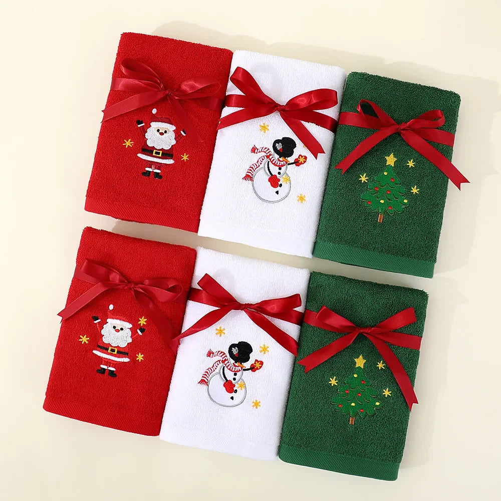 Christmas themed embroidered soft and skin friendly pure Cotton towels suitable for daily kitchen and bathroom use Peaceful Pleasures Health and Wellness