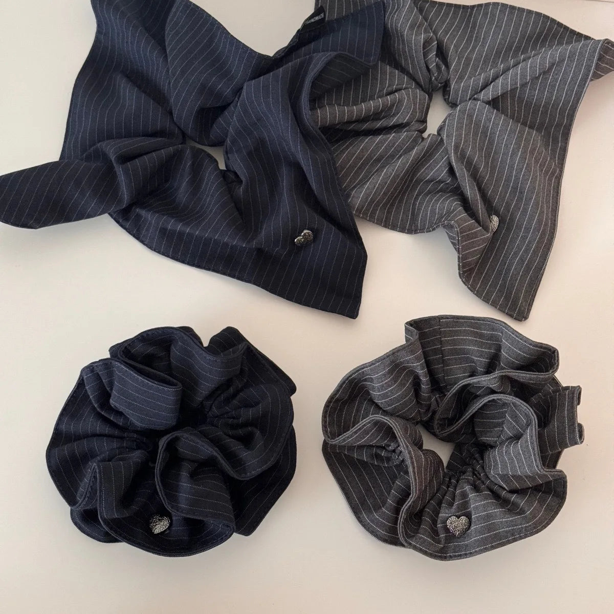 New Korean Stripe Polka Dot Metal Heart Hair Tie Elegant High Grade Square Scarf Large Hair Scrunchie Ponytail Holder Accessory Peaceful Pleasures Health and Wellness