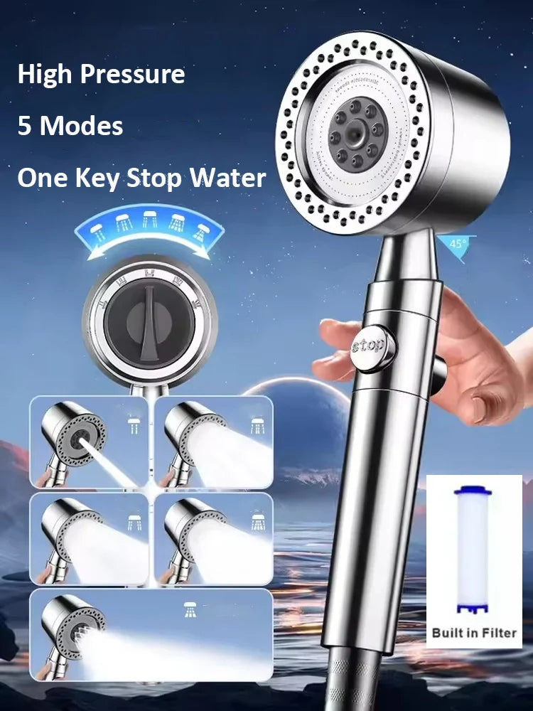 5-Mode High-Pressure Handheld Shower Head with Filter & Stop Button