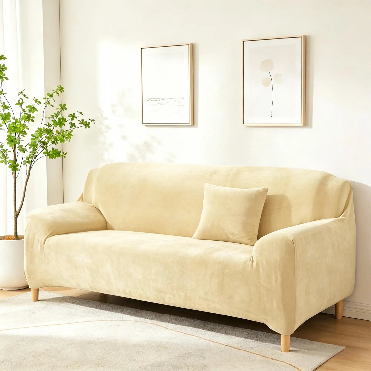 New Velvet Plush Stretch Sofa Slipcover Non Slip Soft Couch Loveseat Covers Furniture Protector with Elastic Bottom for Kids Pet Peaceful Pleasures Health and Wellness Beige 4 Seat ( 225-290cm)