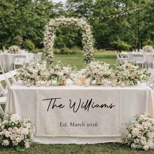 Personalized Wedding Tablecloth | Bridal Shower Party Banner Personalized Table Banner Peaceful Pleasures Health and Wellness