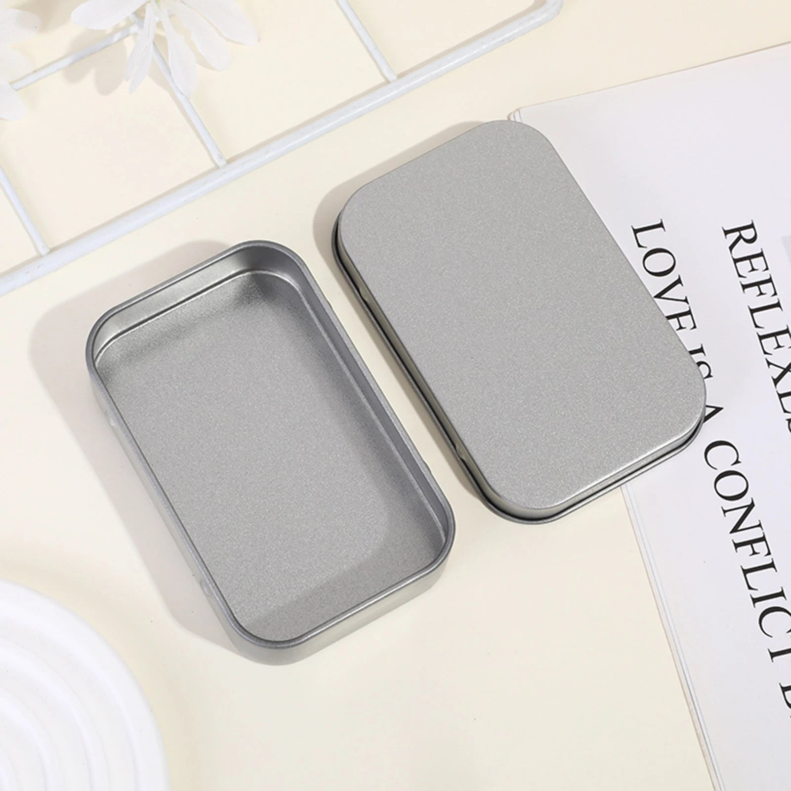 10PCS Metal Empty Hinged Tins Box Silvery Metal Hardware Iron Box with Lids for Keychains USB Flash Drive Small Items Peaceful Pleasures Health and Wellness
