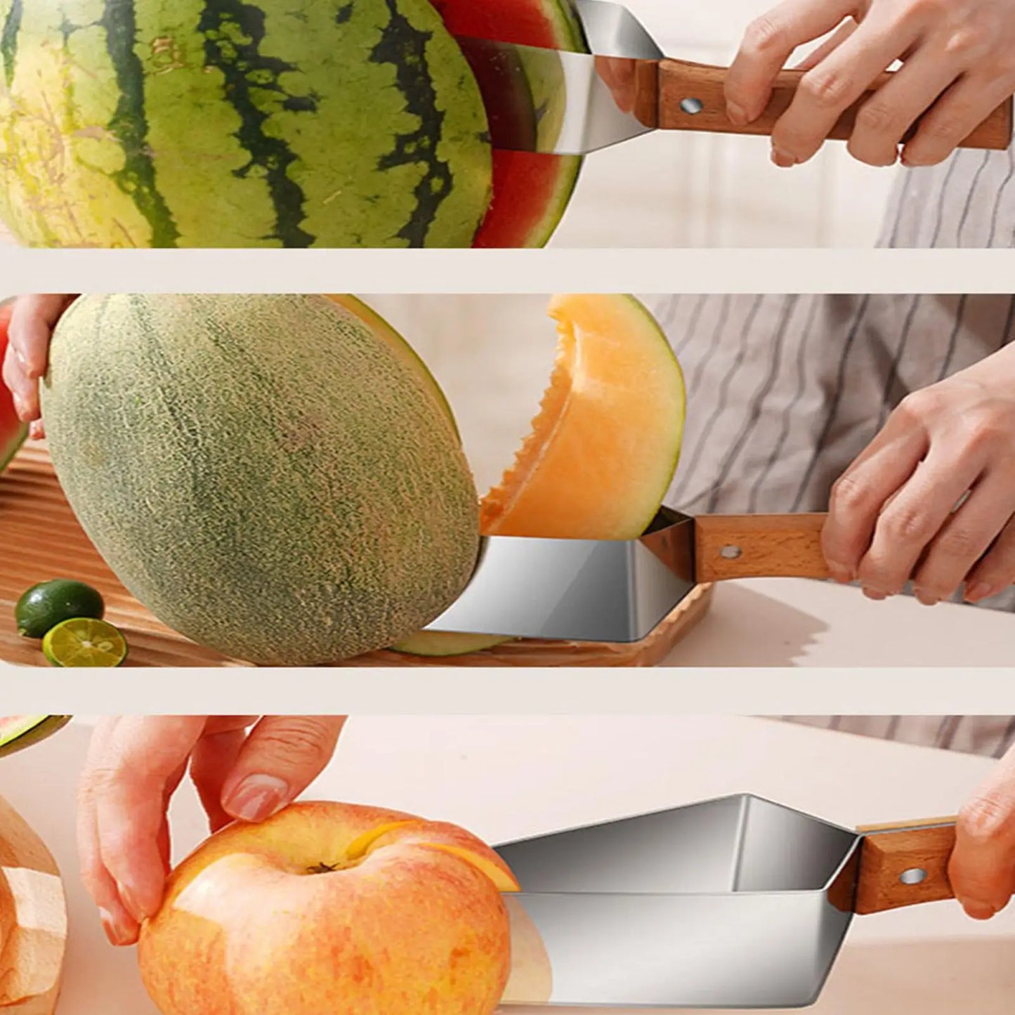 Watermelon Cutter Stainless Steel With Wooden Handle, Ergonomic Melons Slicer For Cantaloupe Muskmelon Home Kitchen Picnic Party Peaceful Pleasures Health and Wellness