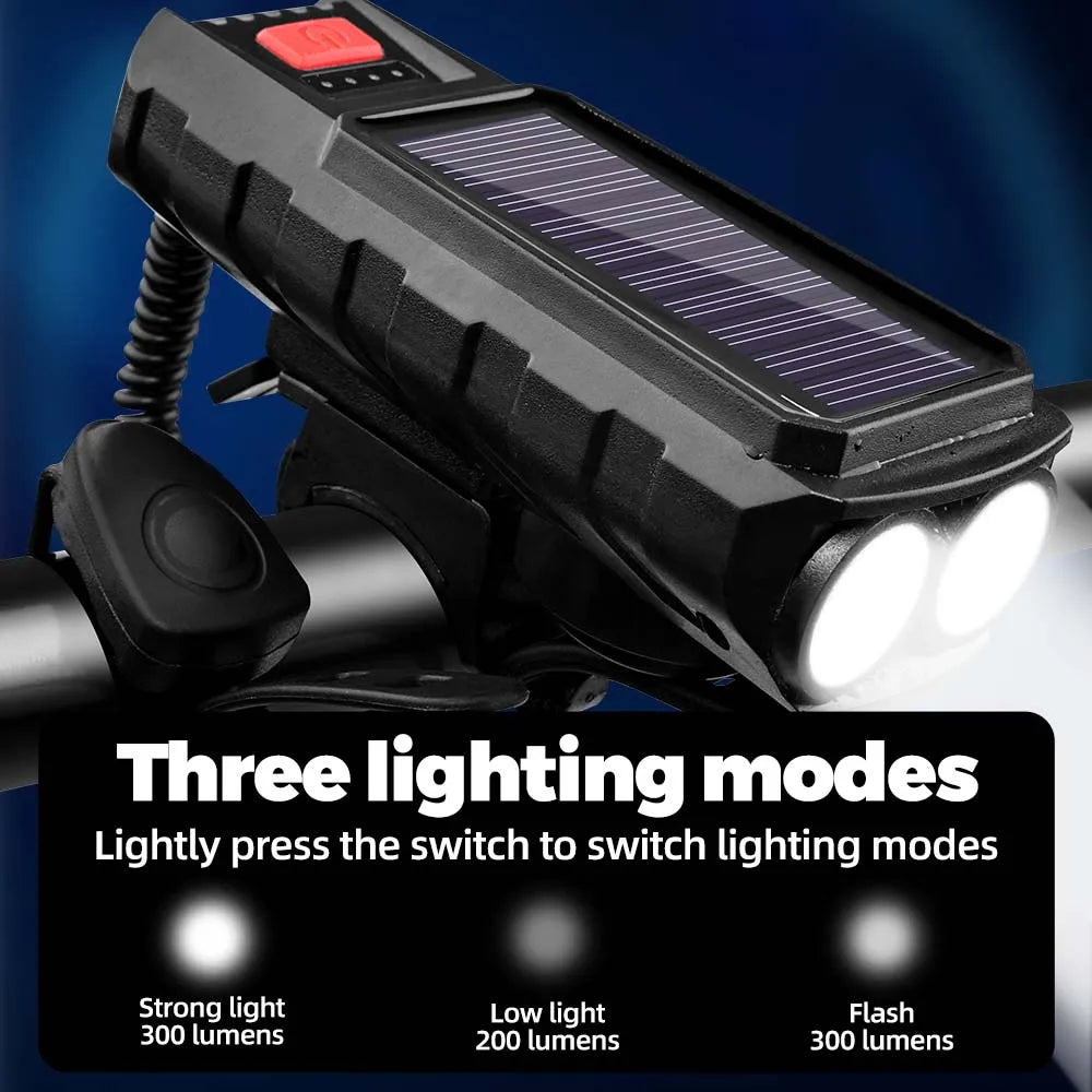 Solar USB-C Bike Front Light 300LM & 120dB Horn | MTB & Road