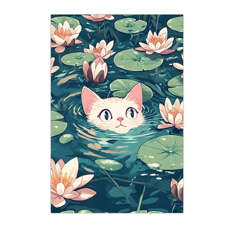 Vintage Animal Wall Art, Impressionist Water Lily Cat Canvas Painting, Nordic Poster Print for Bedroom Living Room Wall Decor Peaceful Pleasures Health and Wellness 03 15x20cm No Frame China Mainland