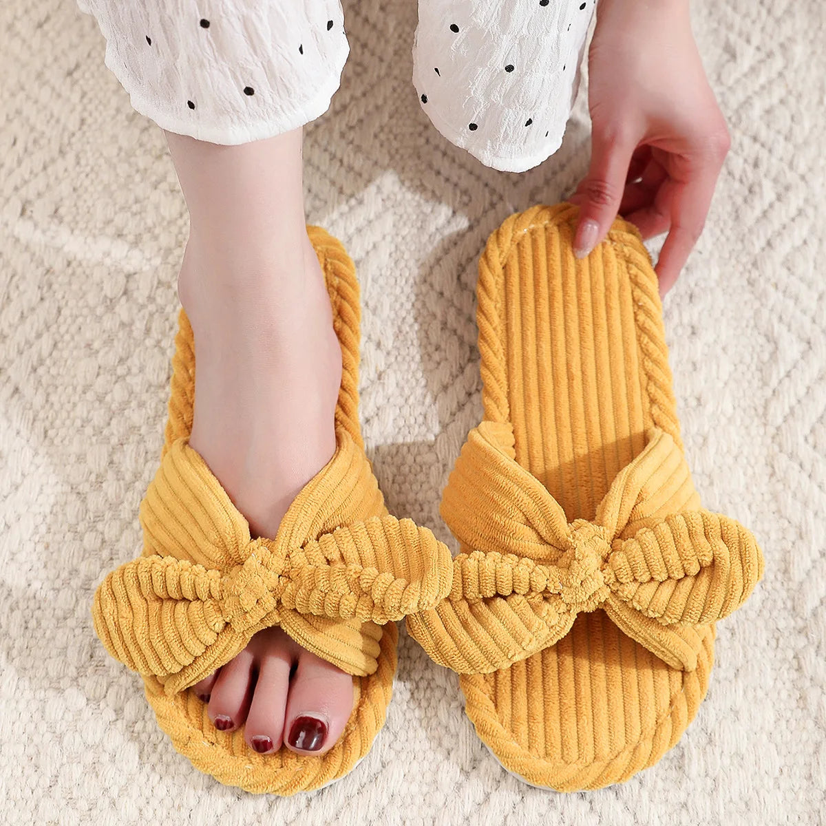 Women's Corduroy Bow Knot Indoor Slippers | Warm EVA Anti-Slip