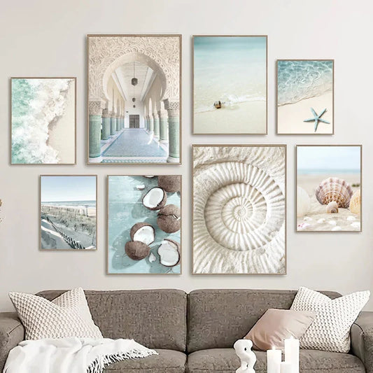 Scandinavian Simple Wall Art Summer Ocean Seashells Starfish Waves HD Canvas Poster Prints Home Bedroom Living Room Decoration Peaceful Pleasures Health and Wellness