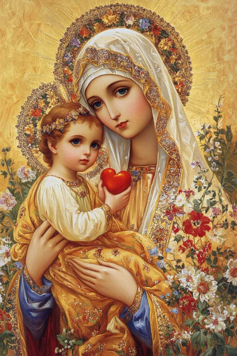 Sacred Heart Jesus & Virgin Mary Canvas Wall Art | Religious Print