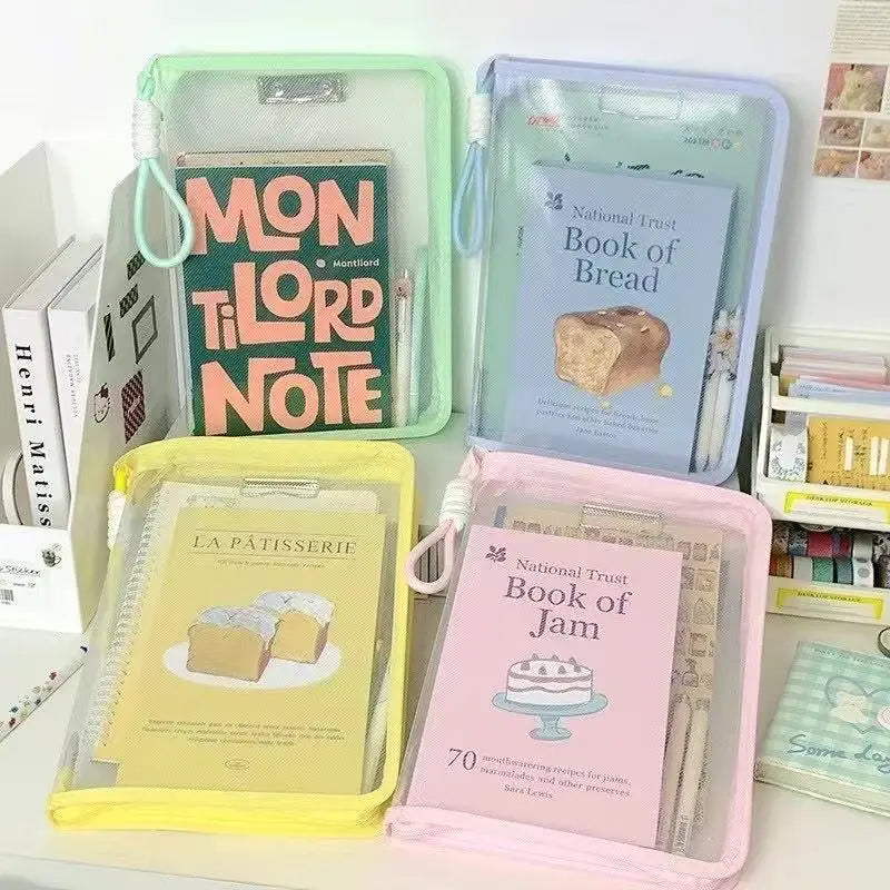 A4 Transparent Zippered Document Bag with Clip & Mesh Pouch
