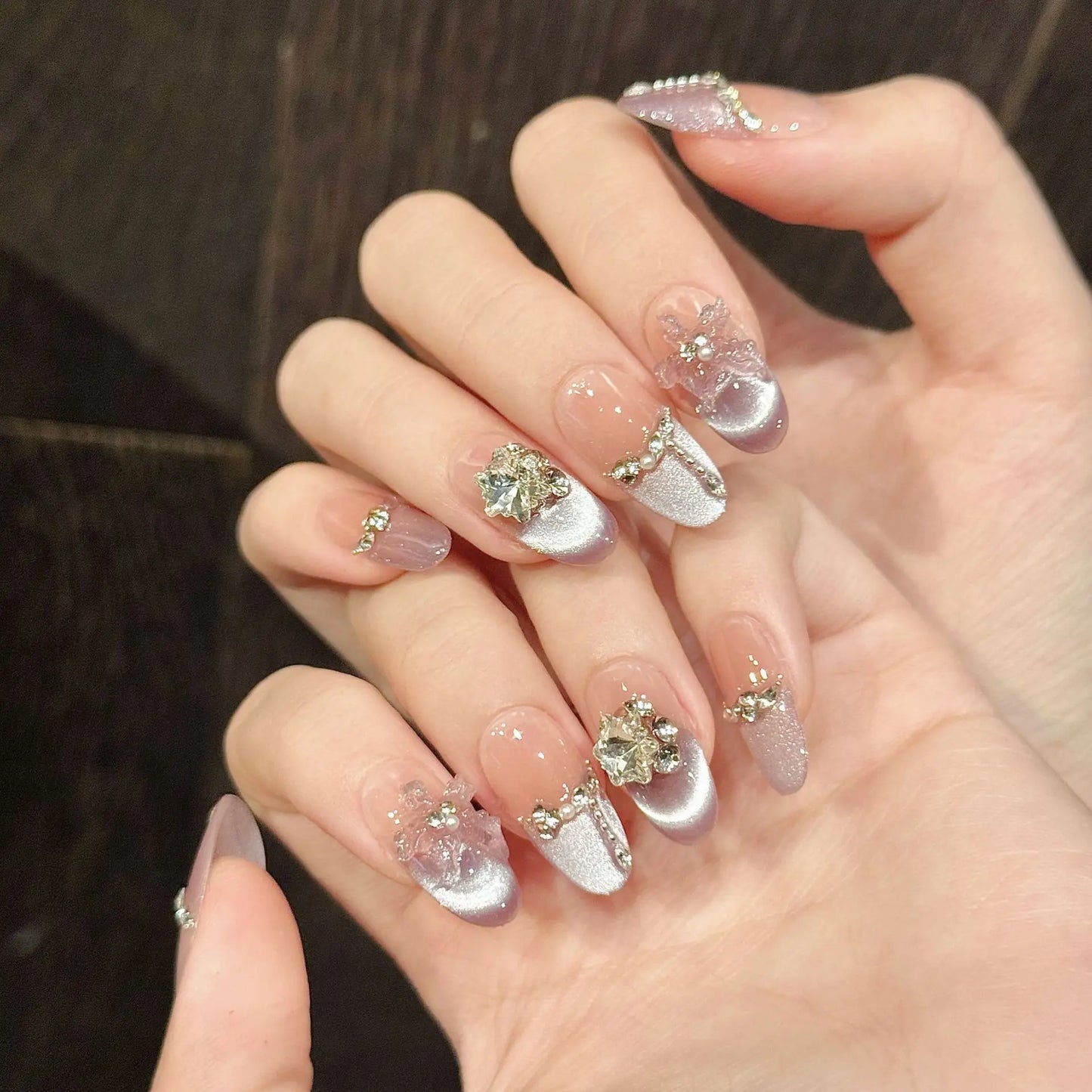 10pcs Handmade Press On Nails – Pink Flower & Cat Eye Design