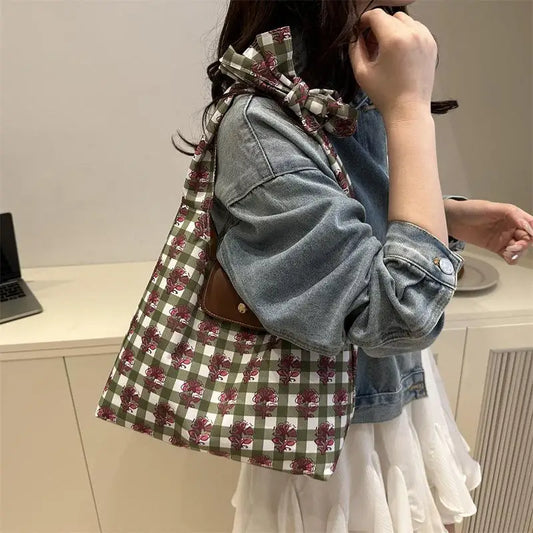 Floral Plaid Canvas Tote Bag – Large Capacity Women's Shoulder Women's Tote Bag Oasis Select