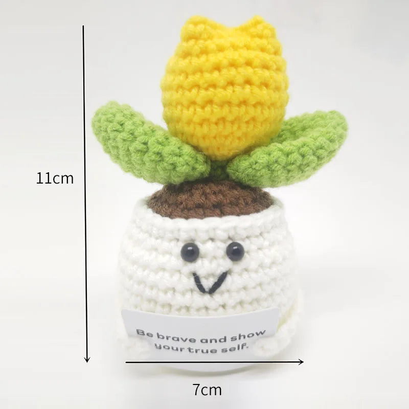 Crochet Sunflower Pot Ornament | Handmade Gift with Positivity Card