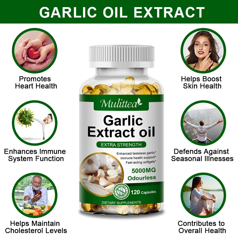 Mulittea Tasteless Garlic Oil Extract Capsules – 120ct Immune Support Dietary Supplements Peaceful Pleasures Health and Wellness