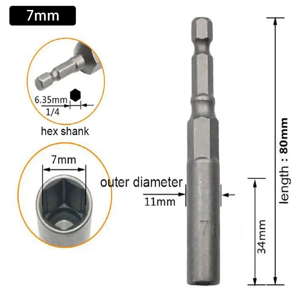 Magnetic Hex Nut Driver Bit Adapter 1/4" Shank 5.5–19mm 80mm