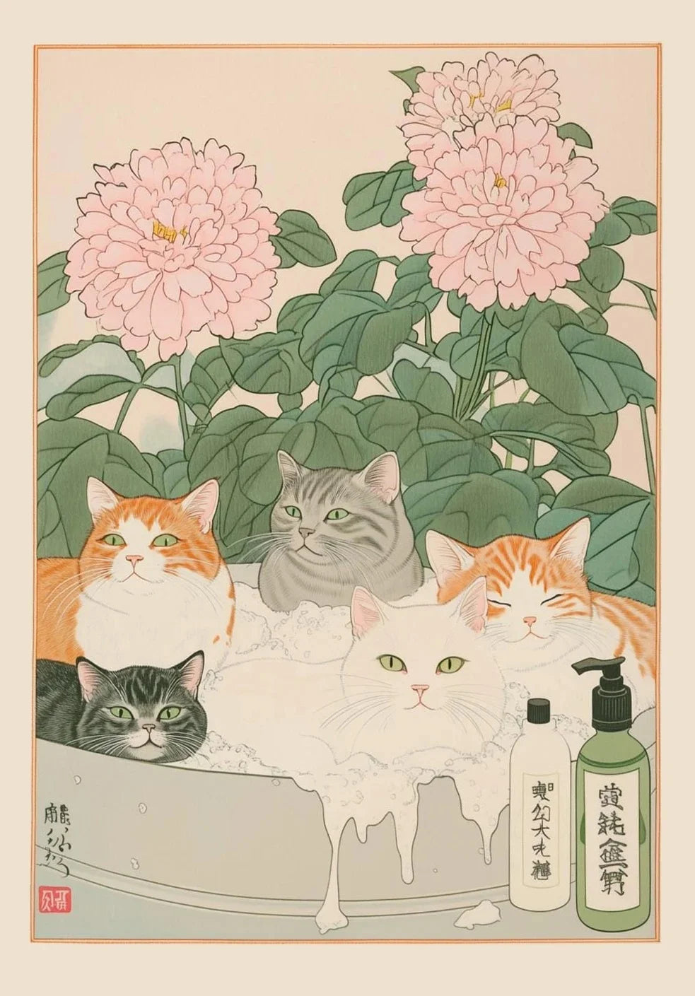 Japanese Tabby Cat in Bathtub Poster Prints Canvas Painting Retro Aesthetic Wall Art Picture Japandi Bathroom Toilet Home Decor Peaceful Pleasures Health and Wellness ZLH5534 100x150cm No Frame