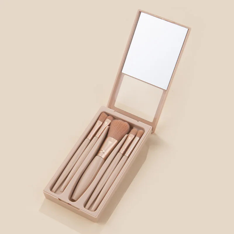 5Pcs Portable Makeup Brush Set with Mirror - Foldable Travel Kit ，Mini Makeup Brush Set Travel Makeup Brush Set Peaceful Pleasures Health and Wellness Apricot color