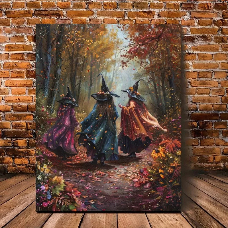 Three Witches Autumn Forest Halloween Canvas Wall Art – Unframed Canvas Wall Art Peaceful Pleasures Health and Wellness