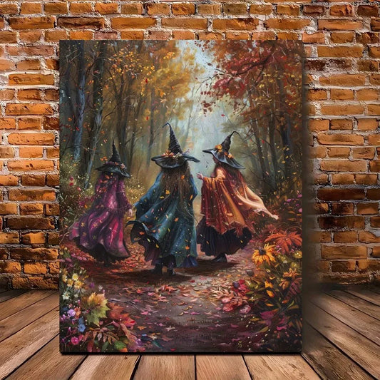 Three Witches Autumn Forest Halloween Canvas Wall Art – Unframed Canvas Wall Art Peaceful Pleasures Health and Wellness