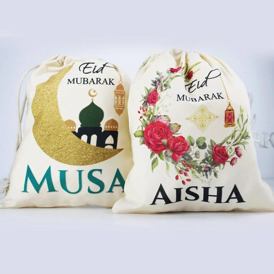 Personalised Eid Mubarak Drawstring Gift Sack | Ramadan Kids Bag Personalised Gift Bag Peaceful Pleasures Health and Wellness
