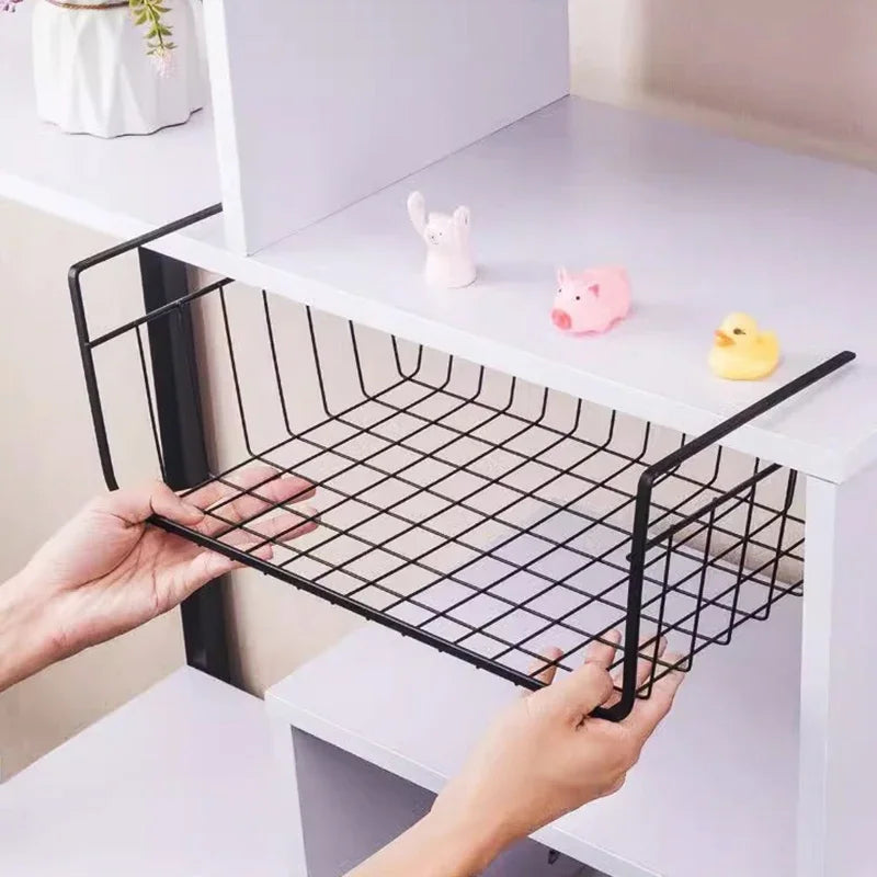 Under-Cabinet Metal Hanging Basket – Kitchen & Office Organizer