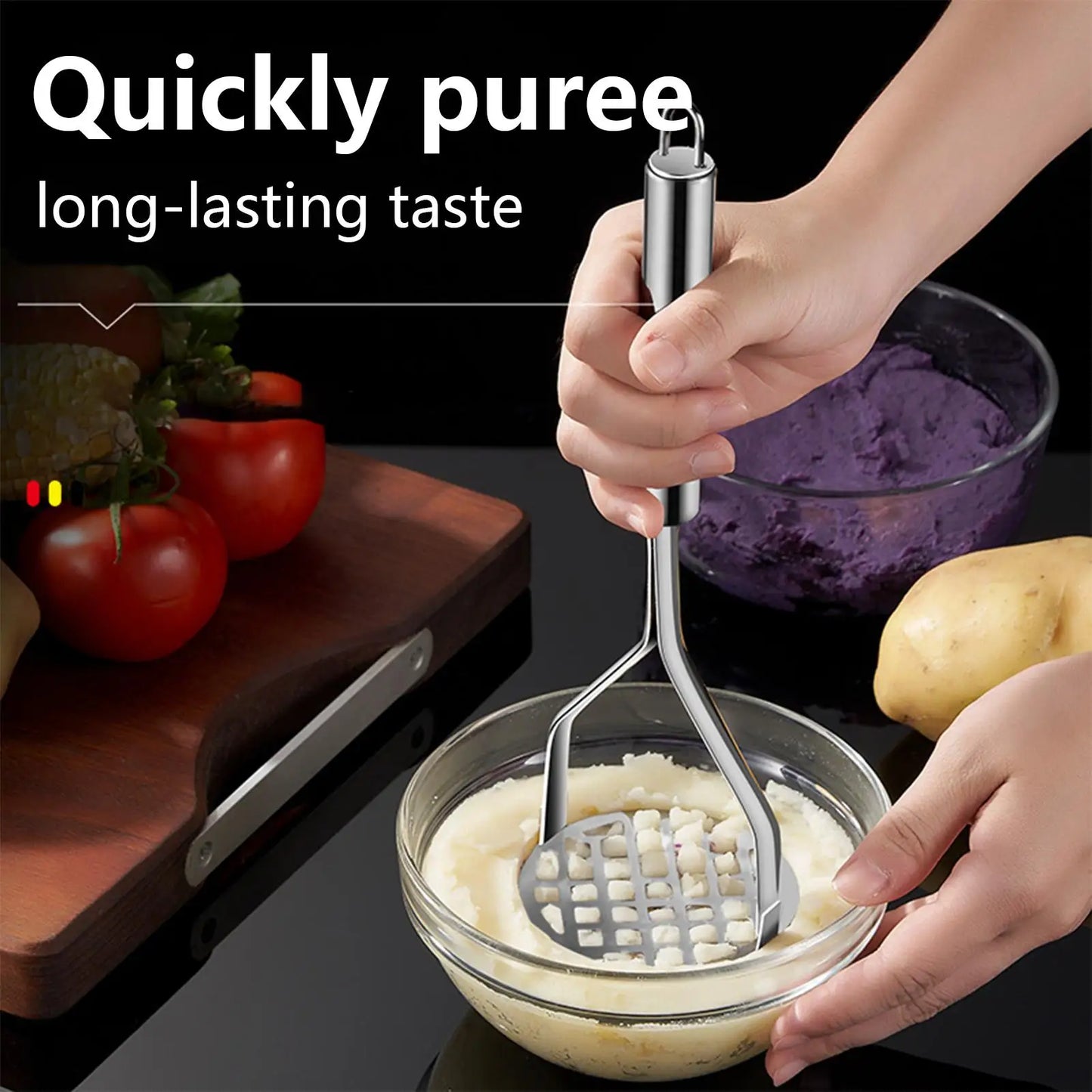 Potato Masher Press Ricer Potato Puree Maker Stainless Steel Potatoes Crusher Pusher Fruit Tools Kitchen Gadget Peaceful Pleasures Health and Wellness
