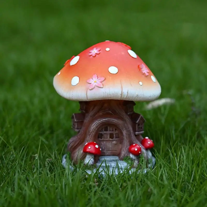 Garden Solar Mushroom Decor LED Light up Solar Figurine Mushroom House Yard Cottage Decoration Outside Resin Statue Waterproof Peaceful Pleasures Health and Wellness