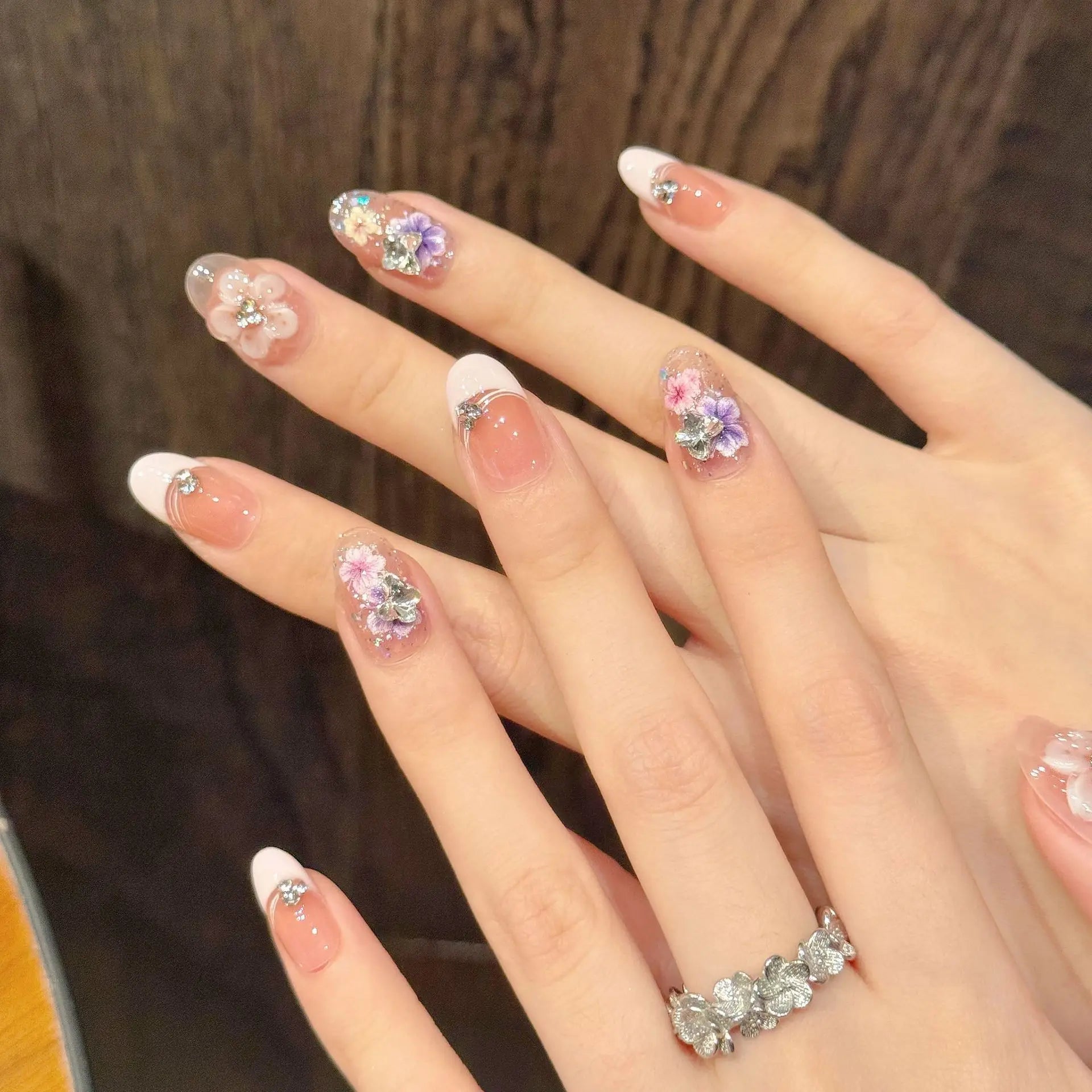 10pcs Handmade Press on Nails Summer Color Flowers Fake Nail Tips Women Wearable Reusable Short Almond Ballet French False Nails Peaceful Pleasures Health and Wellness