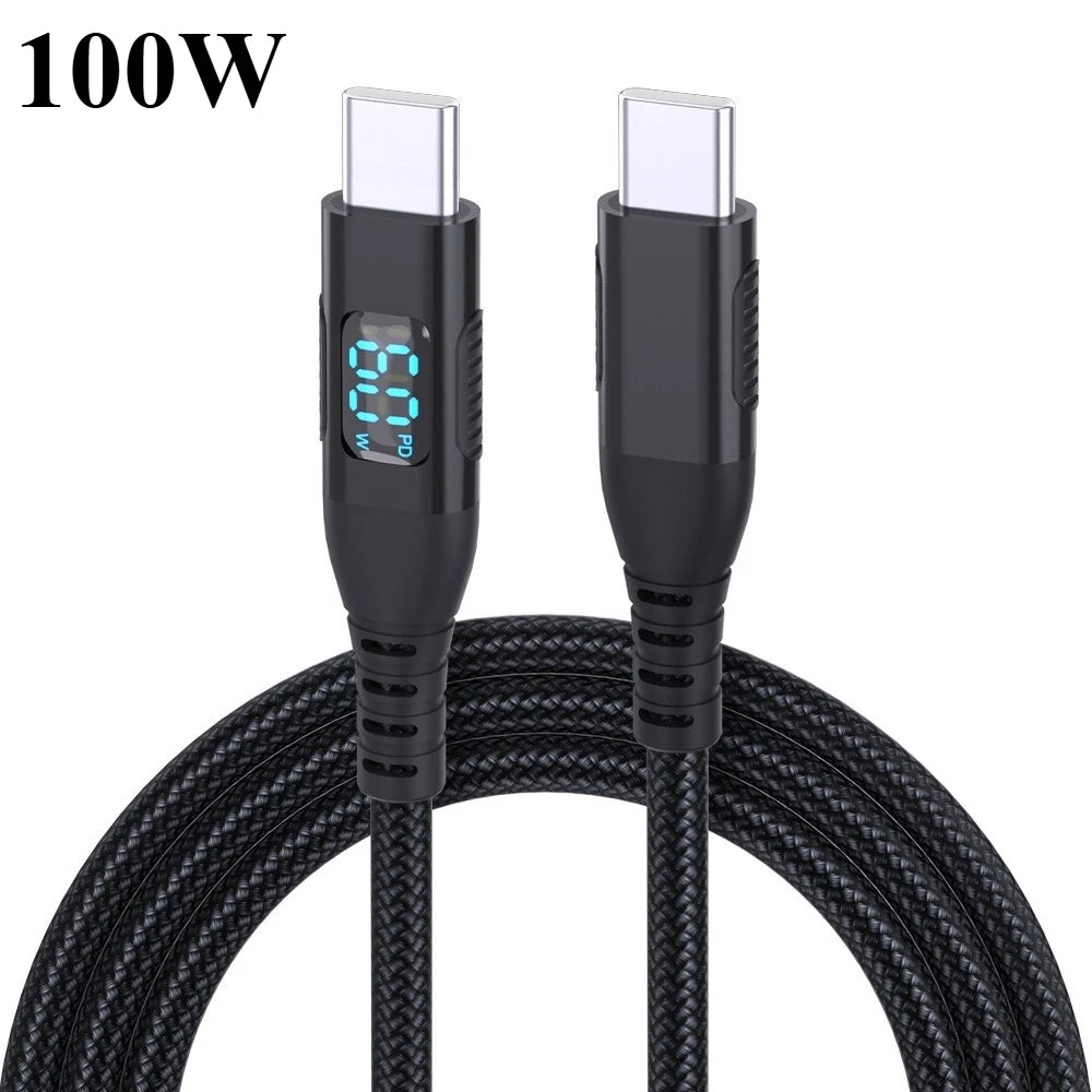 100W USB-C Fast Charging Cable with LED Display | 1M 2M 3M Peaceful Pleasures Health and Wellness Black 100W 2m