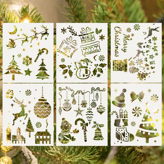 Bview Art Christmas Themed Painting Stencil Reusable PET Plastic Wall Peaceful Pleasures Health and Wellness 6pcs