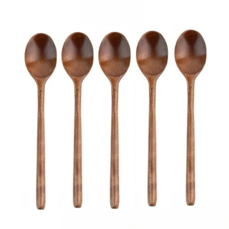 1/2/5pcs Wooden Long handle Spoon Kitchen Natural exquisite Wooden soup spoon Tableware Cooking Honey Coffee Spoon Mixing Spoon Peaceful Pleasures Health and Wellness 5pcs Dark